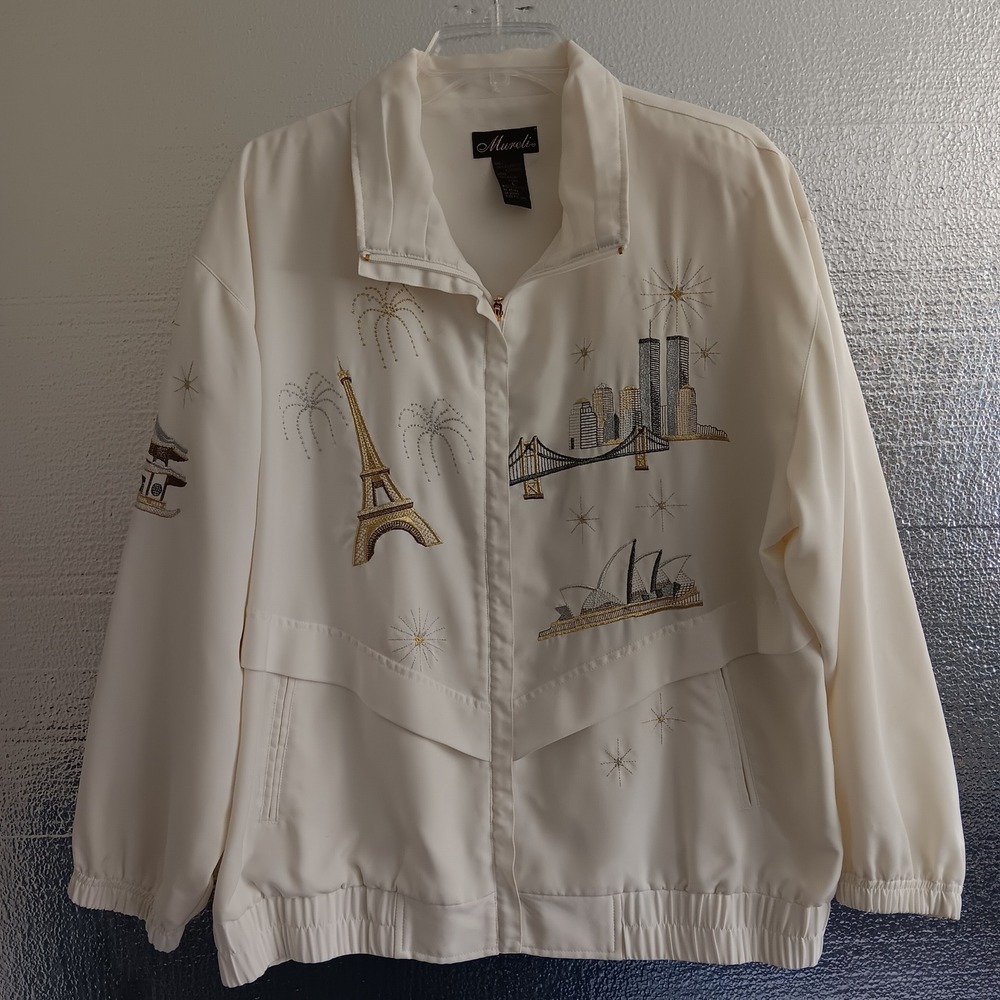 Vintage Mureli Bomber Jacket Womens Large White World Landmark Travel Paris